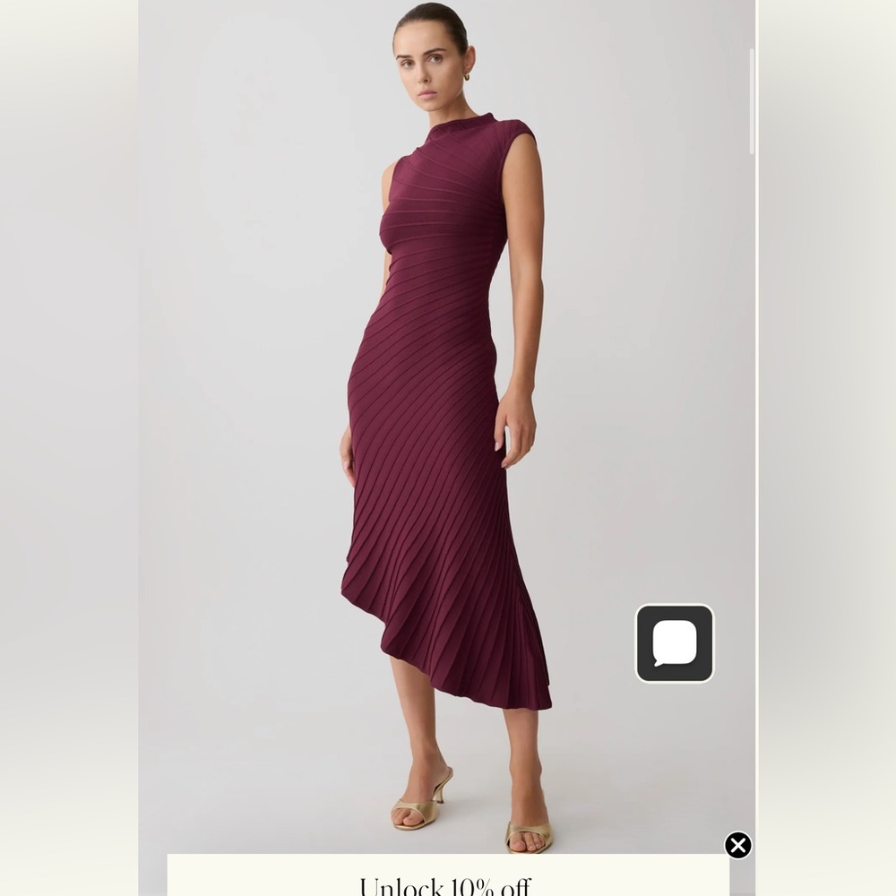 Meshki Burgundy Asymmetric Pleated Midi Dress - Picture 3 of 9